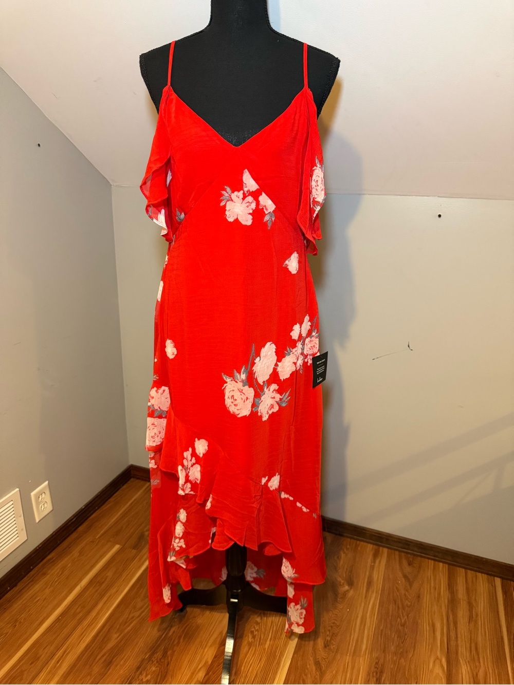 Lulu's Red Floral Ruffle High-Low Wedding Guest/Formal Dress